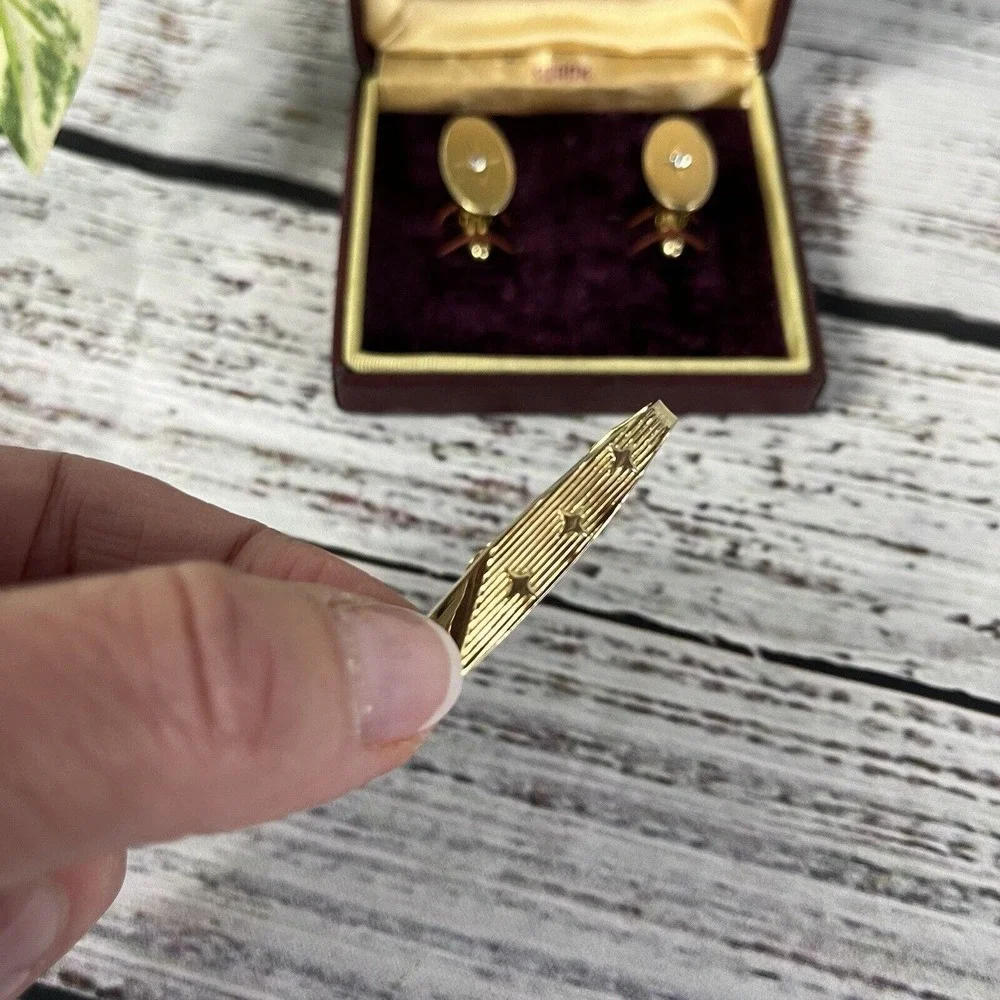 Swank Vintage Brushed Gold Faux Diamonds Mens Cufflinks & Tie Clip w/ Box